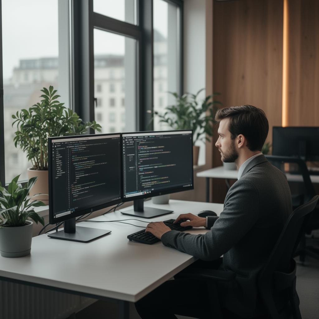 Senior software developer writing code at a desk in a Berlin office